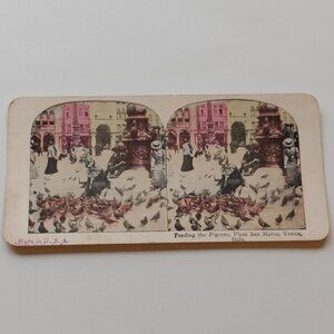 Antique Stereograph Card Feeding the Pigeons Plaza San Marco Venice Italy